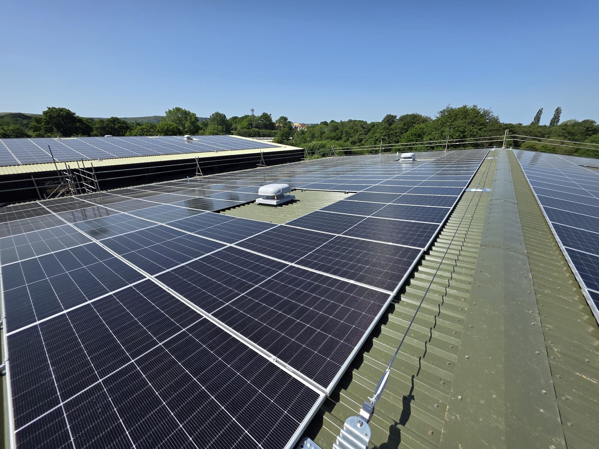 Solar arrays along both pitches of a commercial roof